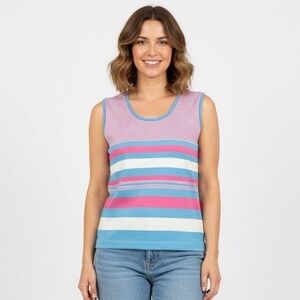 Vintage 70s 80s Knit Stripe Tank Women Medium Blue Pink‎ Stretch Grandma Retro